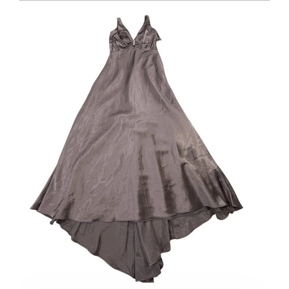 Night Way Womens Satin Maxi Gown Dress NWT Charcoal Grey V-Neck Size 12